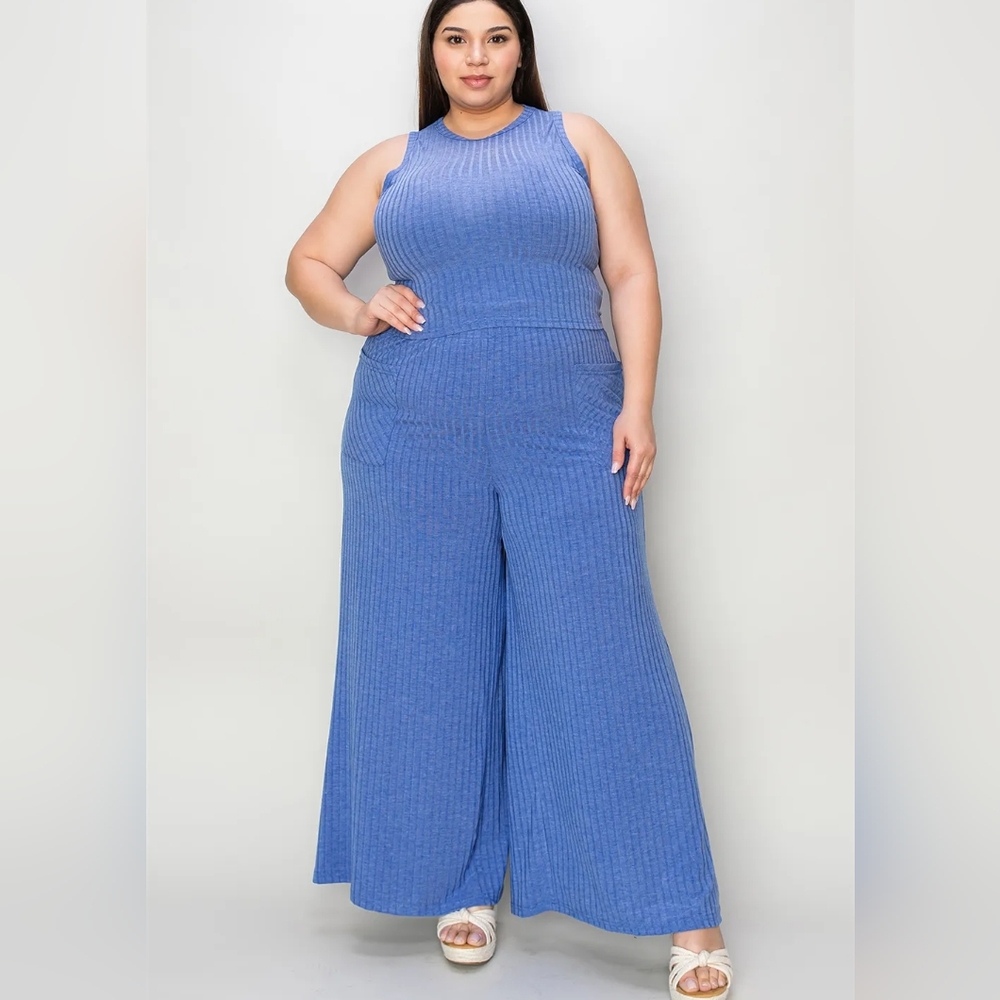 Blue Ribbed Tank and Wide Leg Pants Set